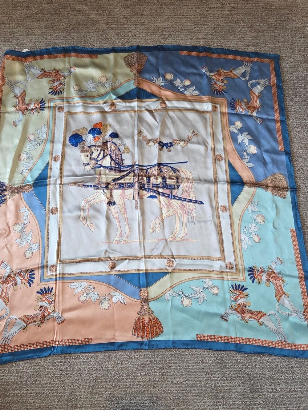NWT Vintage-Style Equestrian Satin Scarf – Horse & Carriage Print, Blue/Pastel,